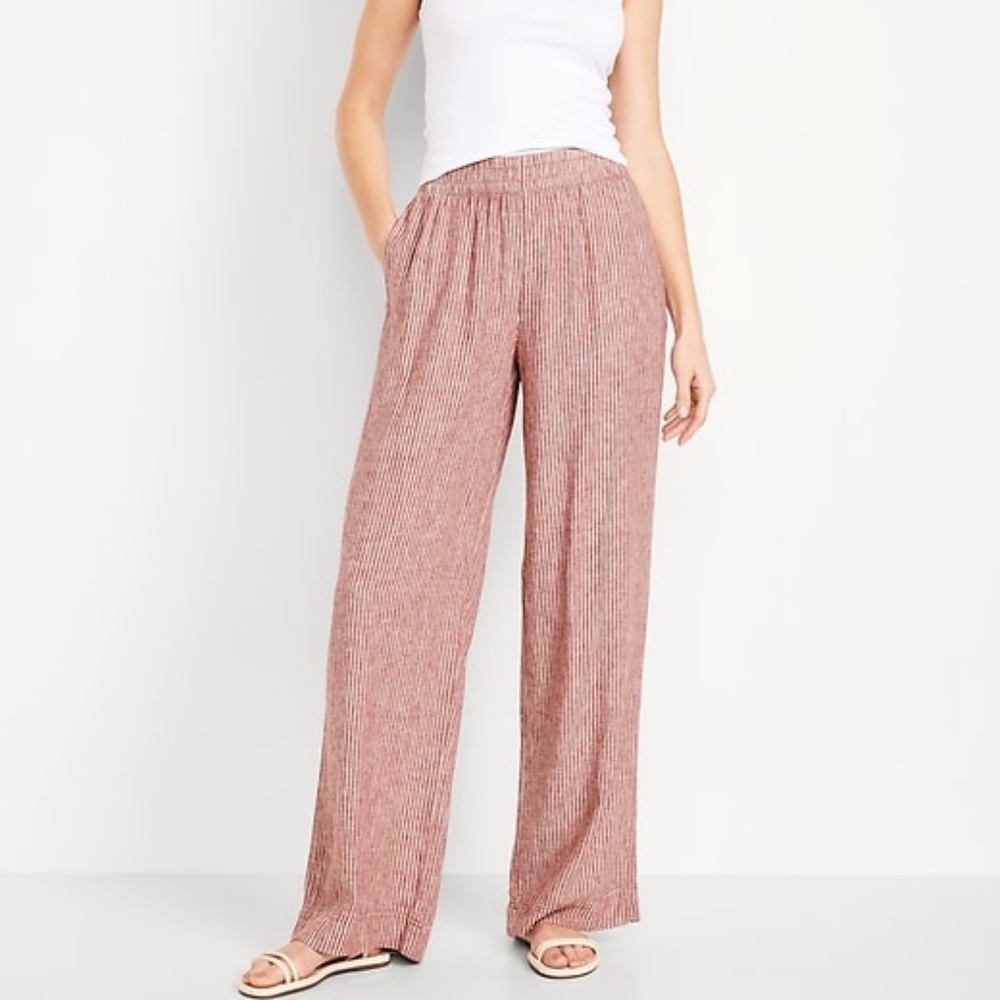 Old Navy High-Waisted Linen-Blend Wide-Leg Pants Red Stripe Medium Petite